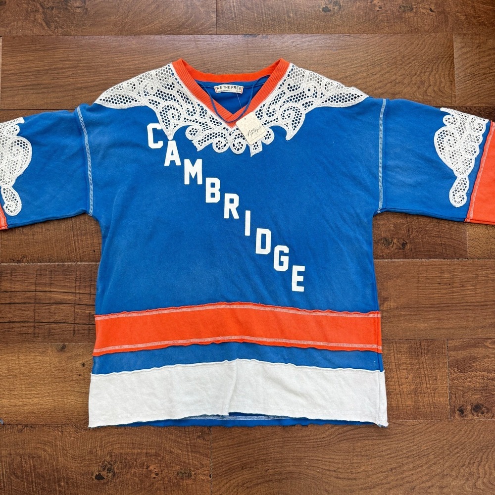 We The Free People Cambridge Combo Jersey Hockey Top Blue Crochet Lace XS NEW 22